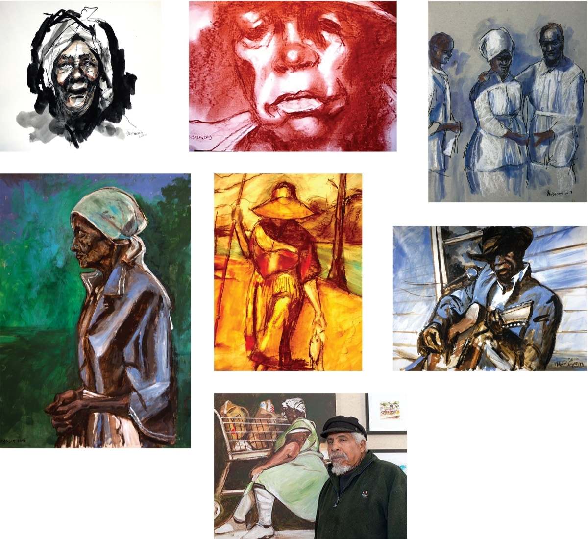 Collage of seven paintings and drawings by artist Arthur "Art" Bacon