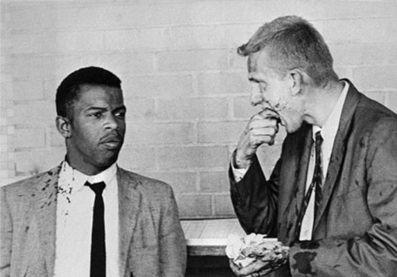 Freedom Riders John Lewis, left, and Jim Zwerg after the attack on the Freedom Riders at the Montgomery Greyhound Bus Station, May 20, 1961.