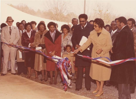 Grand opening of Hobson City’s City Hall building in May of 1980. Mayor Willie Maude Snow, the first female Mayor of Hobson City, cuts the ribbon in the opening ceremony.