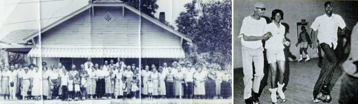 Images of Hobson City life - group picture of townspeople in front of a building, people at a skating rink