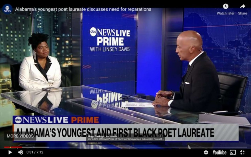 Screenshot of Alabama Poet Laureate Ashley M. Jones' interview appearance on television with Linsey Davis of ABC News Live Prime. The headline at the bottom of the screen says "Alabama's Youngest and First Black Poet Laureate"