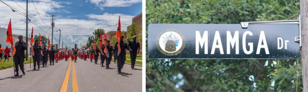 Band and color guard at Mobile Area Mardi Gras parade; MAMGA Dr. street sign