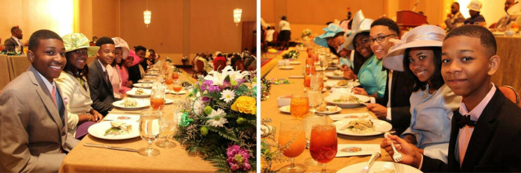 kids seated at long dinner table at the Mobile Mardi Gras