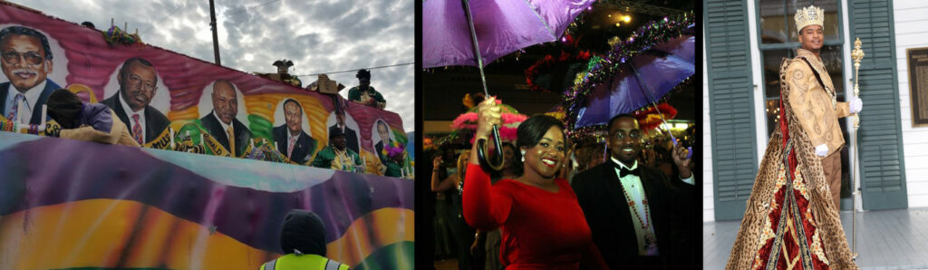 Mobile Mardi Gras collage - float, attendees, and King