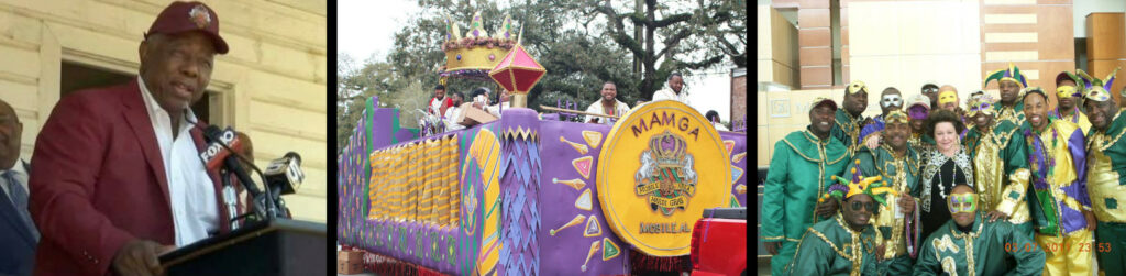 Mobile Mardi Gras collage - news coverage, parade float, and participants in Mardi Gras themed outfits