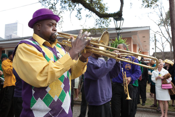 "Second Line" musicians performing at Mobile Mardi Gras parade