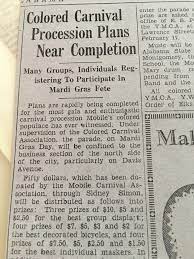 newspaper clipping; article title is "Colored Carnival Procession Plans Near Completion: Many Groups, Individuals Registering to Participate in Mardi Gras Fete"