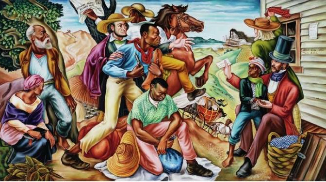 mural at Talladega College in Alabama by artist Hale Woodruff depicting slaves about to cross the Ohio River to freedom