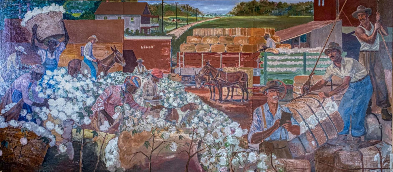 Cotton Scene mural in the Hartselle, Alabama, Chamber of Commerce office by artist Lee R. Warthen