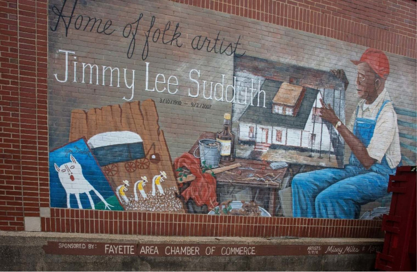 Tribute to Jimmie Lee Sudduth mural in Fayette, Alabama, by artist Missy Miles