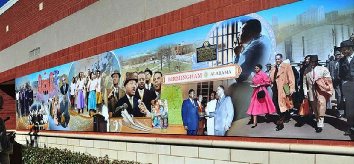 mural commissioned by Wells Fargo Bank depicts the 50th Anniversary of the Voting Rights Act. It is located at 316 18th Street South in Birmingham, Alabama