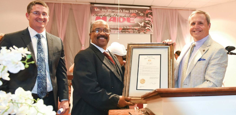 Alabama State Senator Shay Shellnutt and State Representative Danny Garrett present a proclamation to Pastor Larry Hollman of Mt. Joy Baptist Church in honor of its 160th anniversary, June 2017