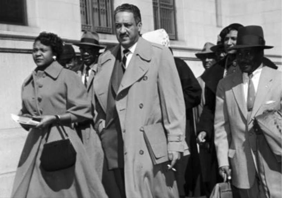 Autherine Lucy leaving federal court in Birmingham with attorneys Thurgood Marshall, center, and Arthur Shores.