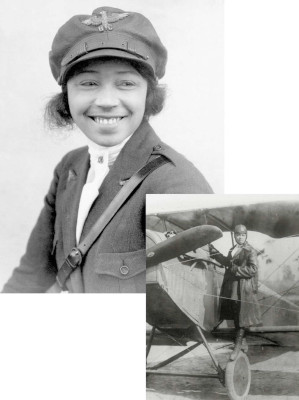 Collage of African American and Native American woman pilot Bessie Coleman. One image is a headshot; the second image is Bessie Coleman dressed in her aviator gear, standing on the wheel to enter an airplane.