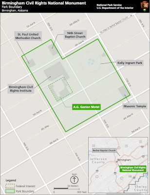 Birmingham Civil Rights District map showing the locations of the Birmingham Civil Rights Institute, St. Paul United Methodist Church, 16th Street Baptist Church, Kelly Ingram Park, the Masonic Temple, A.G. Gaston Motel