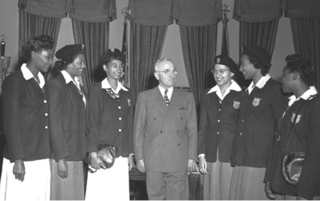 President Harry Truman and African American female Olympians Emma Reed, Theresa Manuel, Audrey Patterson, Nell Jackson, Alice Coachman and Mabel Walker, 1948.