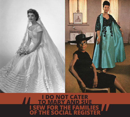 A collage of two pictures: One is of Jacqueline Kennedy wearing her Ann Lowe-designed wedding dress, 1953. The other is of Ann Lowe, in her New York salon with London model Judith Palmer, photographed for the December 1966 edition of Ebony magazine.