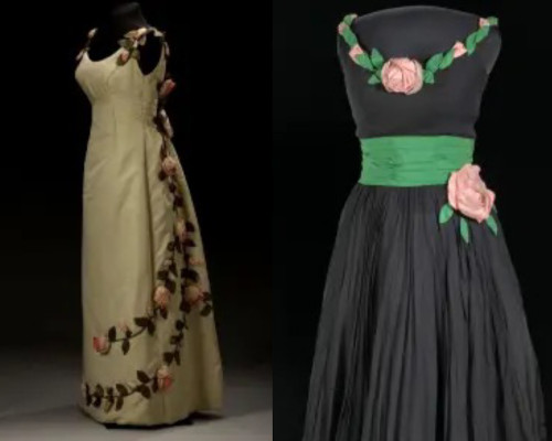 Two of the three gowns by Ann Lowe that are currently on display at the Smithsonian Institution’s National Museum of African America History and Culture. One dress is beige with a vine of pink flowers. The other is black with a green waist and pink flowers.