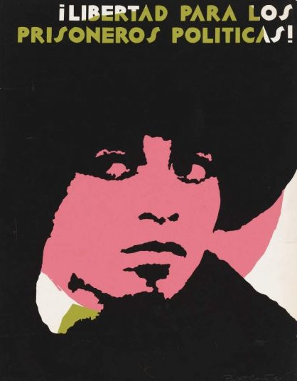 Poster by Rupert García featuring an illustration of Angela Davis, 1971. The poster reads: ¡LIBERTAD PARA LOS PRISONEROS POLITICAS! which translates to “Freedom for political prisoners!”.