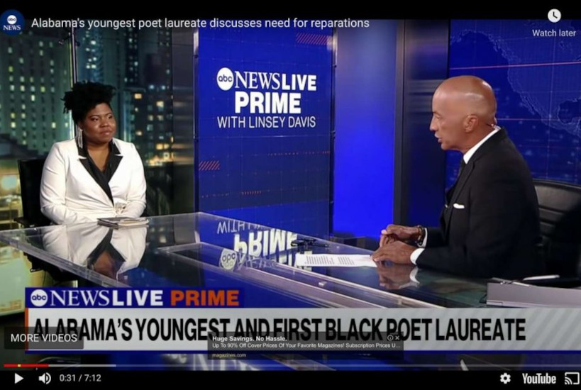 Screenshot of Alabama Poet Laureate Ashley M. Jones' interview appearance on television with Linsey Davis of ABC News Live Prime. The headline at the bottom of the screen says "Alabama's Youngest and First Black Poet Laureate"