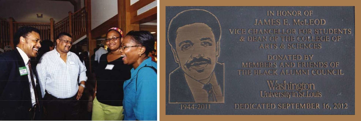 A commemorative plaque decorates “McLeod’s Way” an area dedicated to the late dean on the campus of Washington University in St. Louis.